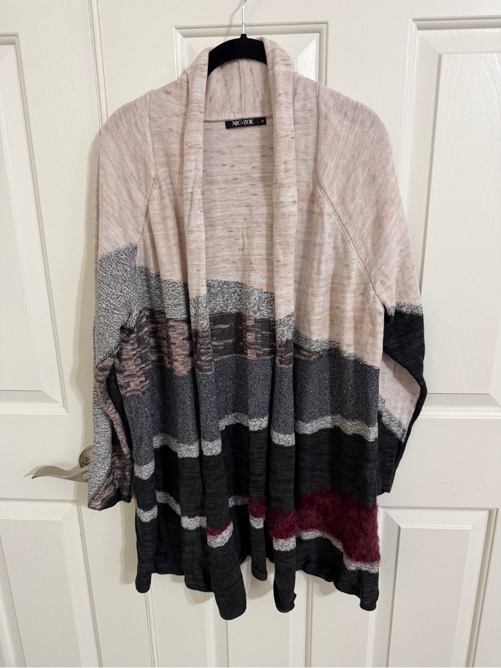 NIC+ZOE 1X Blush Gray Burgundy Mixed Texture Fuzzy Stripe Open Front Cardigan
